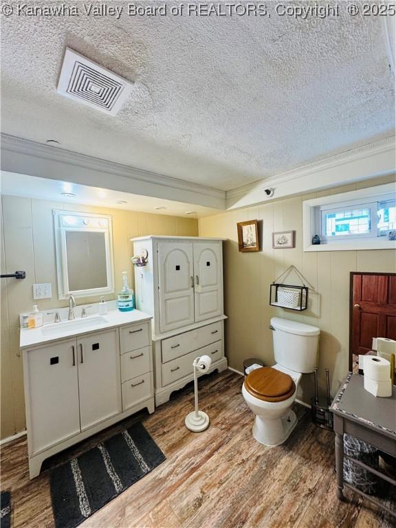 bathroom with wood-type flooring, vanity, and a textured ceiling