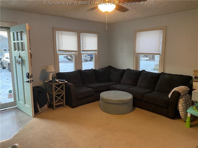 carpeted living room with a textured ceiling, ceiling fan, and a healthy amount of sunlight