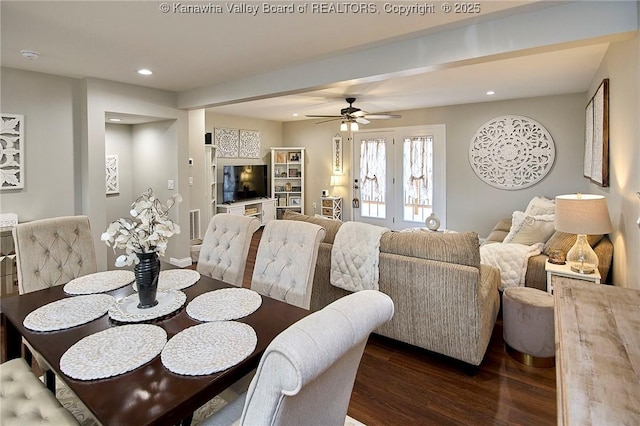 dining room featuring dark hardwood / wood-style flooring and ceiling fan