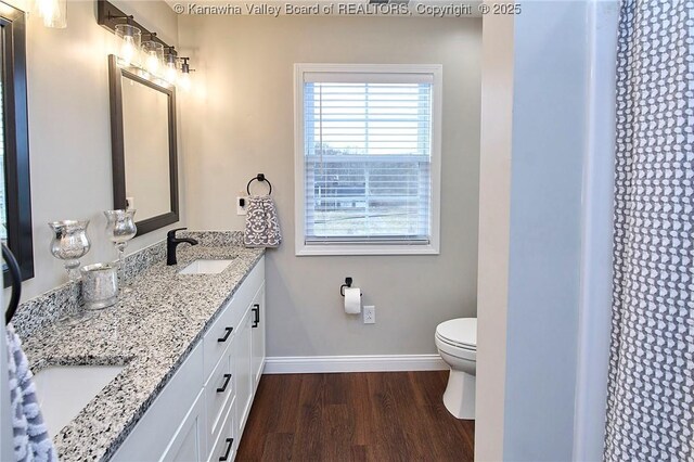 bathroom with vanity, toilet, and hardwood / wood-style floors