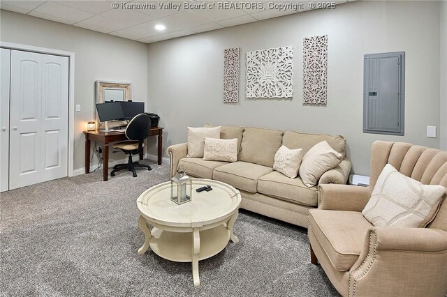 carpeted living room with electric panel