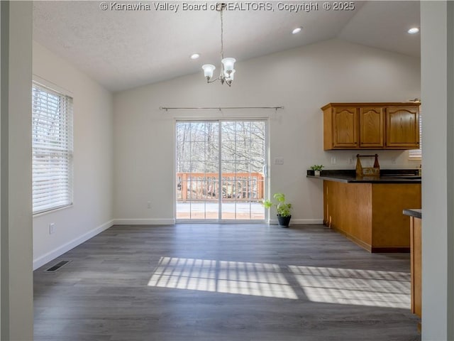 interior space featuring dark hardwood / wood-style flooring, an inviting chandelier, a wealth of natural light, and vaulted ceiling