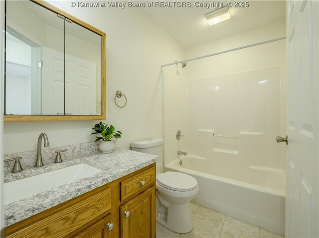 full bathroom with toilet, tile patterned floors, bathing tub / shower combination, and vanity