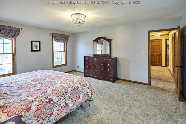 bedroom with light carpet