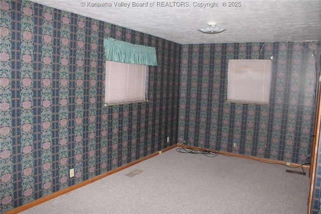 unfurnished room with a textured ceiling and carpet