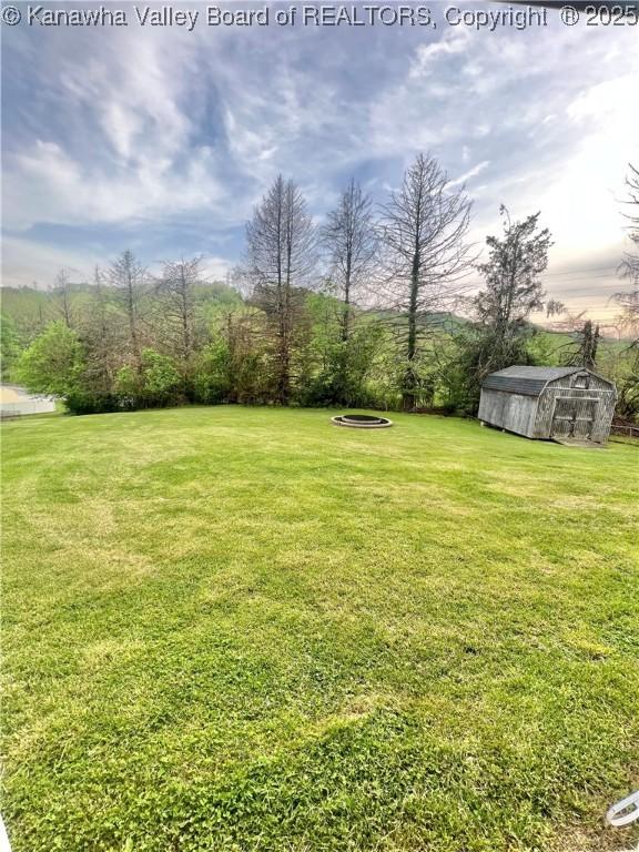 view of yard with a storage shed and an outbuilding