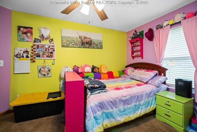 carpeted bedroom featuring ceiling fan