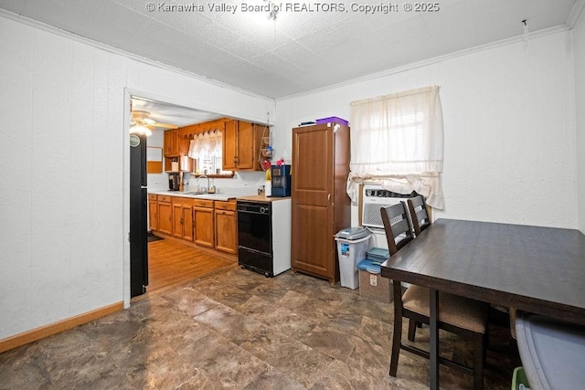 kitchen with dishwasher, ornamental molding, ceiling fan, sink, and cooling unit