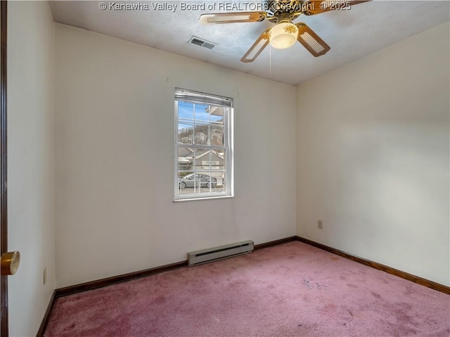 spare room with carpet floors and baseboard heating