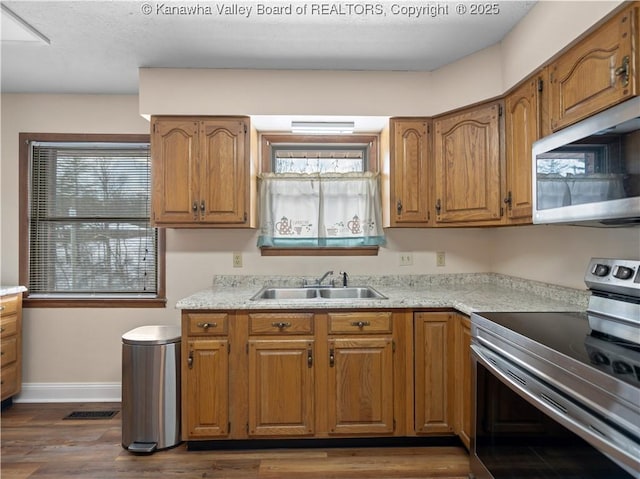 kitchen with a wealth of natural light, dark wood-type flooring, sink, and stainless steel appliances