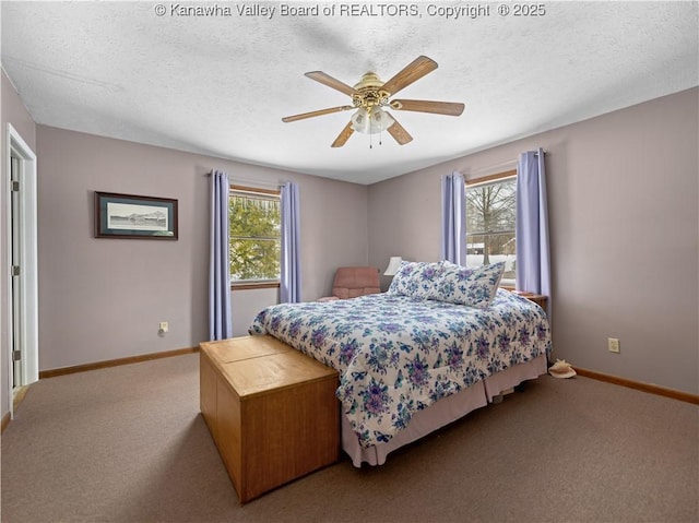 carpeted bedroom with ceiling fan, multiple windows, and a textured ceiling