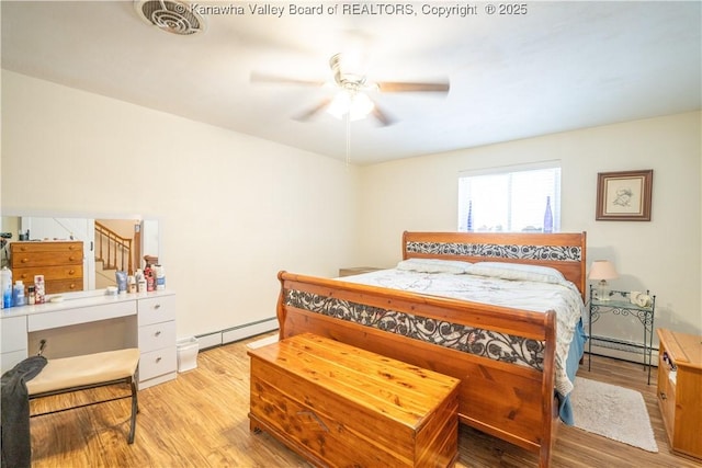 bedroom featuring light wood-type flooring, ceiling fan, and a baseboard radiator