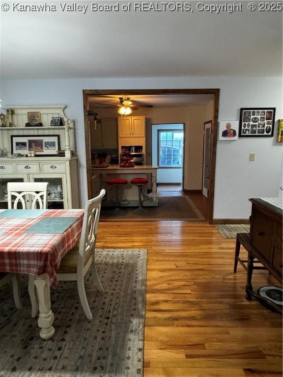 dining area featuring ceiling fan and wood-type flooring