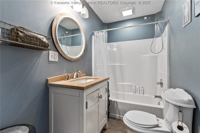 full bathroom featuring toilet, shower / tub combo, tile patterned floors, and vanity