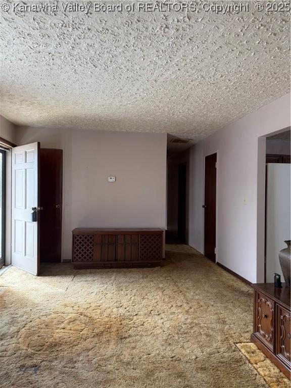 unfurnished room featuring a textured ceiling, carpet floors, and baseboards