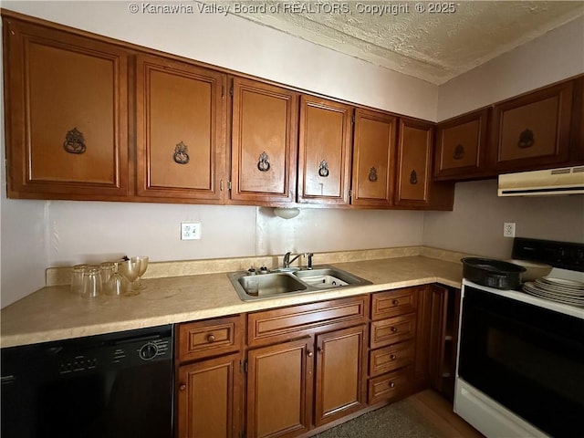 kitchen with black dishwasher, light countertops, electric range, a sink, and under cabinet range hood