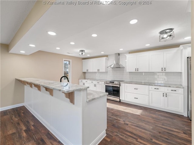 kitchen featuring white cabinetry, backsplash, dark hardwood / wood-style flooring, stainless steel electric stove, and wall chimney exhaust hood