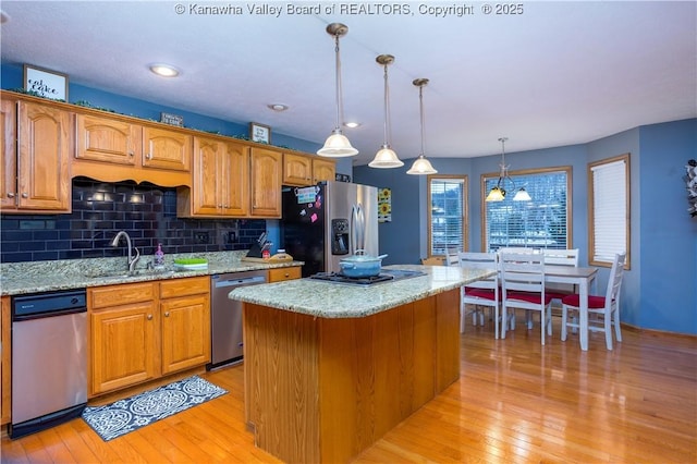 kitchen with stainless steel appliances, backsplash, a center island, pendant lighting, and sink