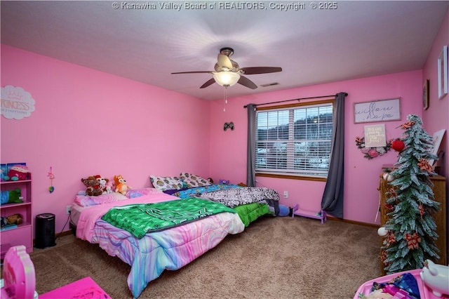 carpeted bedroom with ceiling fan