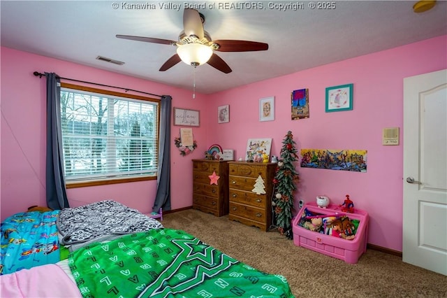 bedroom featuring ceiling fan and carpet flooring