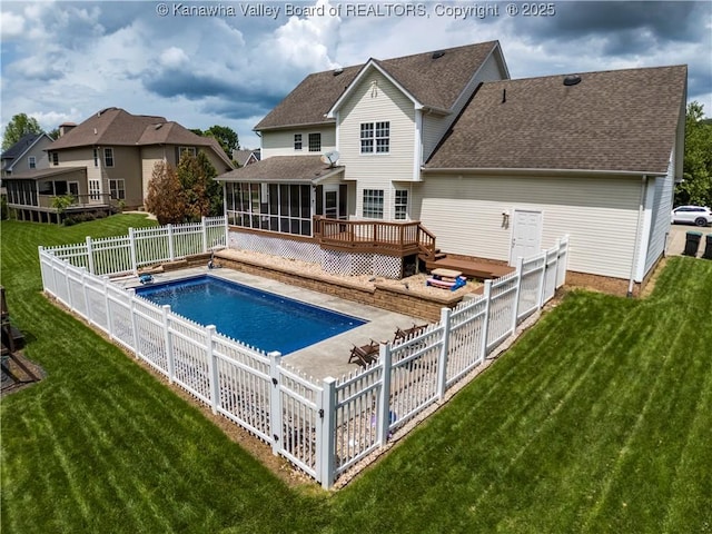 140 Waterside Cir, Winfield, WV 25213 - rear view of house featuring a sunroom, a shingled roof, and a deck