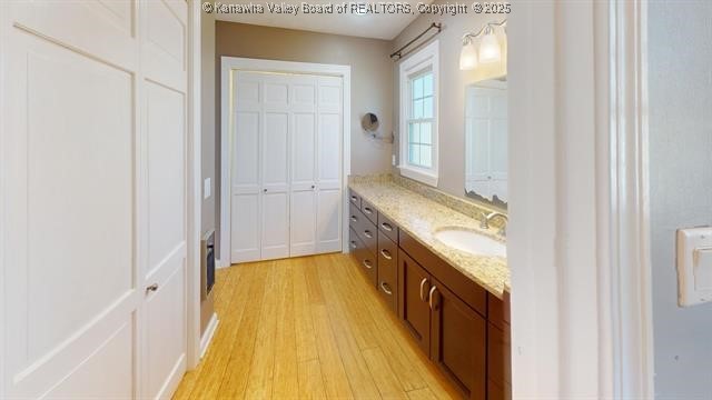 bathroom with wood finished floors and vanity