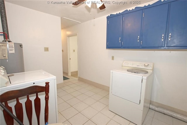 washroom featuring gas water heater, light tile patterned flooring, separate washer and dryer, cabinets, and ceiling fan