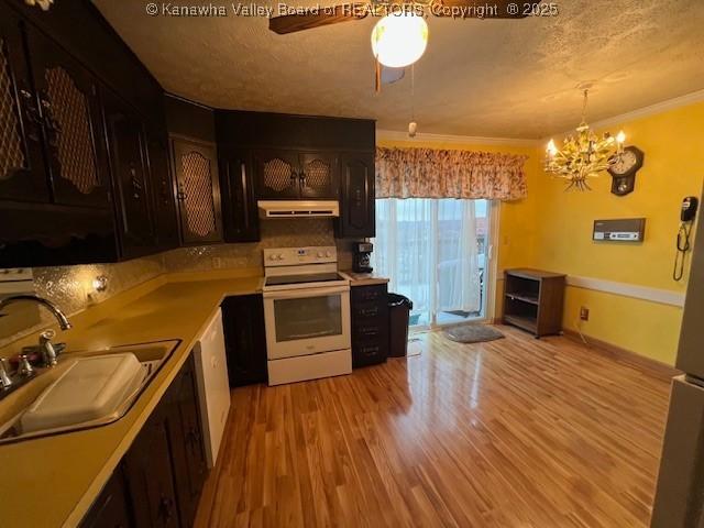 kitchen featuring pendant lighting, sink, light hardwood / wood-style flooring, extractor fan, and white electric stove