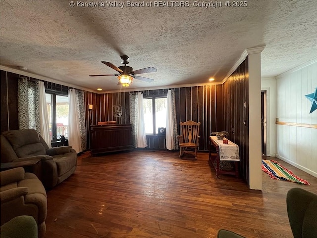 interior space featuring a textured ceiling, ceiling fan, and dark hardwood / wood-style flooring