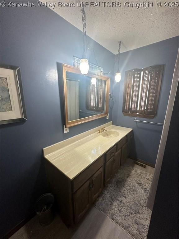 bathroom featuring vanity, wood-type flooring, and a textured ceiling