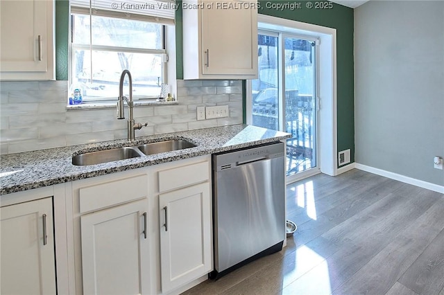 kitchen with tasteful backsplash, dishwasher, sink, and white cabinets