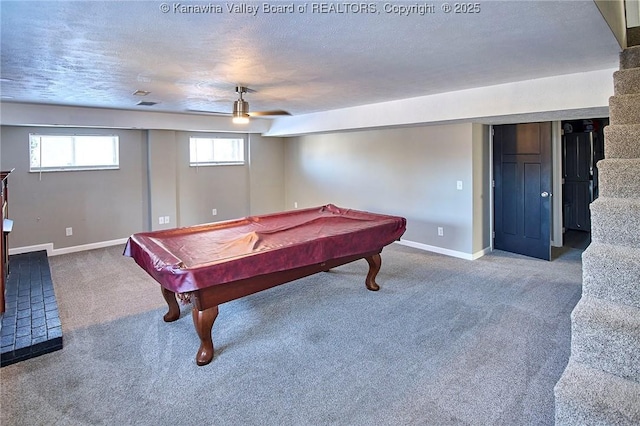 game room featuring carpet, a textured ceiling, and billiards