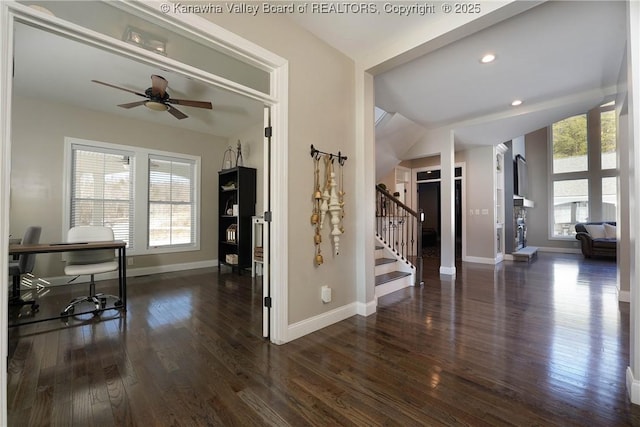 entrance foyer with ceiling fan, lofted ceiling, and dark hardwood / wood-style flooring