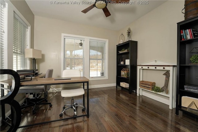 home office featuring plenty of natural light, dark hardwood / wood-style floors, and ceiling fan