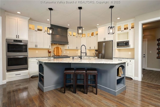 kitchen featuring stainless steel appliances, a kitchen island with sink, sink, and dark wood-type flooring