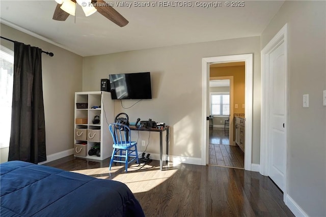 bedroom with dark hardwood / wood-style floors and ceiling fan