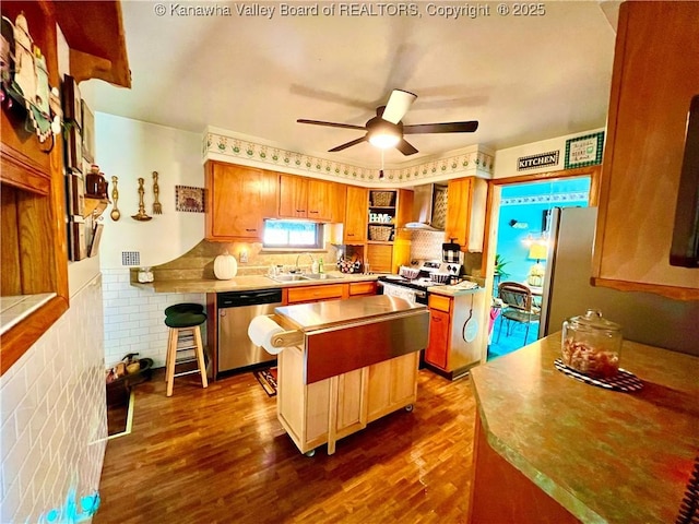 kitchen with sink, dark hardwood / wood-style flooring, ceiling fan, stainless steel appliances, and wall chimney exhaust hood