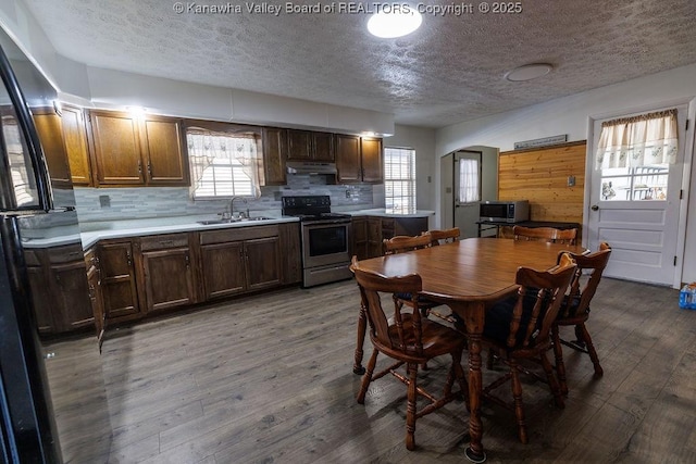 dining area with wood-type flooring, plenty of natural light, sink, and a textured ceiling