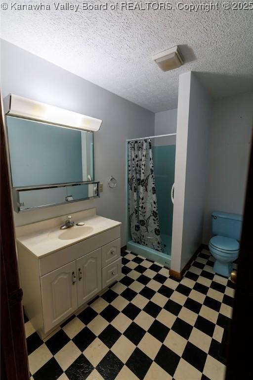 bathroom with vanity, toilet, a textured ceiling, and walk in shower