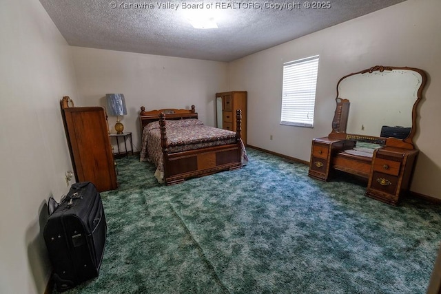 carpeted bedroom with a textured ceiling