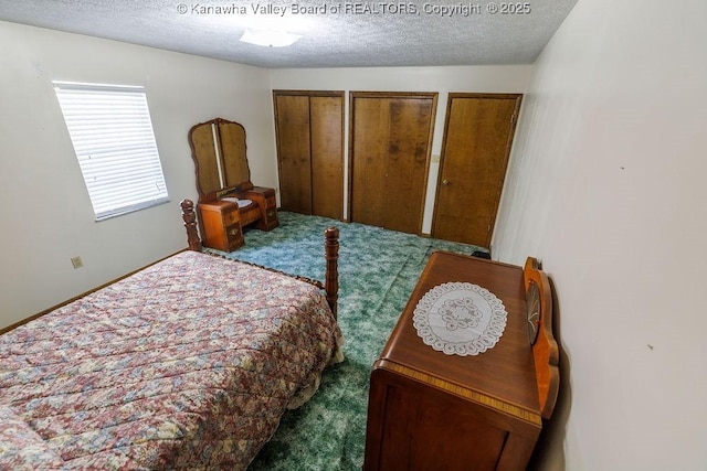 bedroom featuring multiple closets, carpet flooring, and a textured ceiling