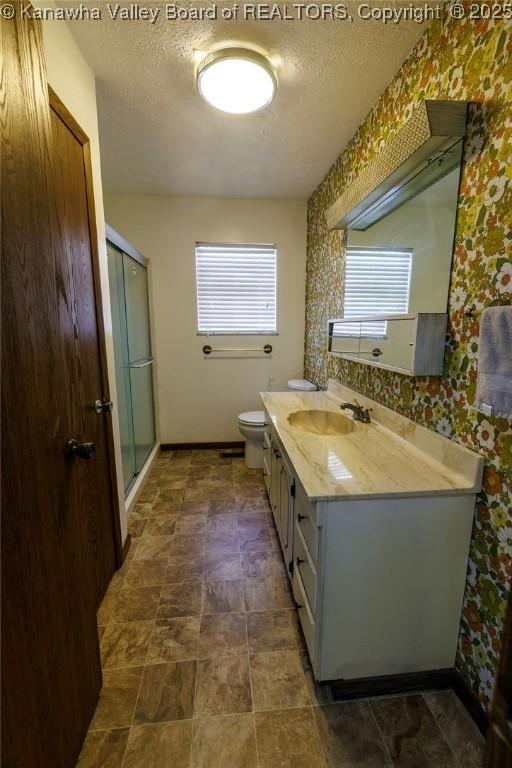 bathroom with vanity, toilet, a shower with door, and a textured ceiling