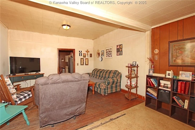 living room with wooden walls