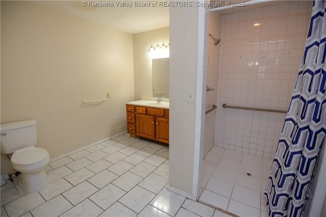 bathroom featuring walk in shower, tile patterned floors, vanity, and toilet