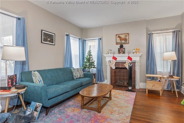 living room with dark hardwood / wood-style floors