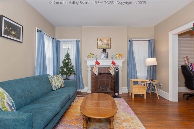 living room with dark wood-type flooring