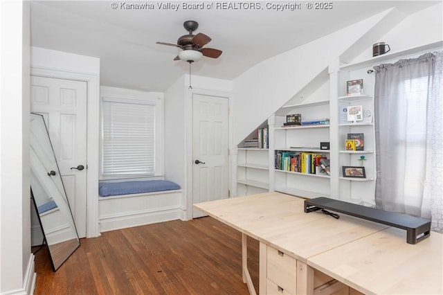 office featuring ceiling fan, lofted ceiling, and dark hardwood / wood-style flooring