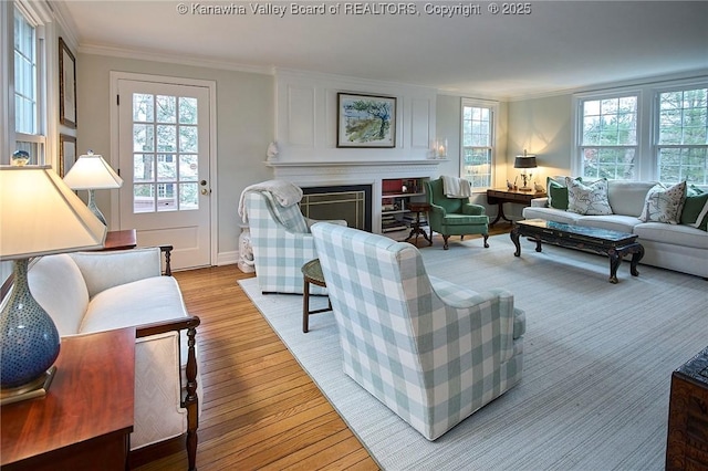 living room featuring crown molding and light hardwood / wood-style flooring