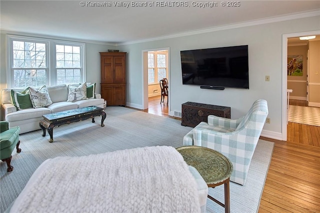 living room featuring crown molding and light wood-type flooring