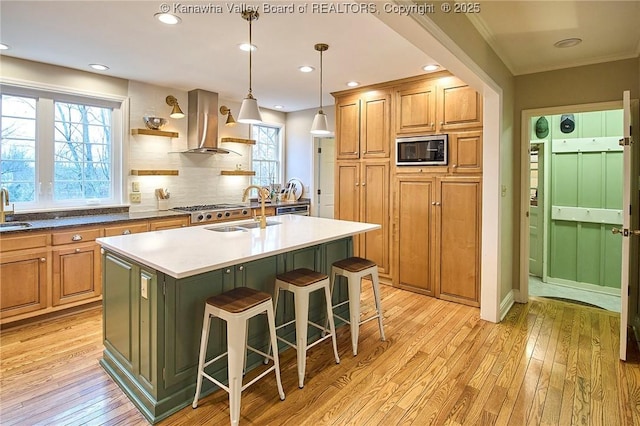 kitchen featuring sink, stainless steel appliances, a kitchen breakfast bar, island exhaust hood, and a center island with sink